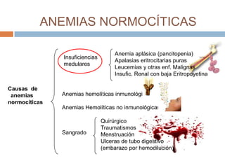 ANEMIAS NORMOCÍTICAS
Causas de
anemias
normocíticas
Insuficiencias
medulares
Anemias hemolíticas inmunológicas
Anemias Hemolíticas no inmunológicas
Anemia aplásica (pancitopenia)
Apalasias eritrocitarias puras
Leucemias y otras enf. Malignas
Insufic. Renal con baja Eritropoyetina
Sangrado
Quirúrgico
Traumatismos
Menstruación
Ulceras de tubo digestivo
(embarazo por hemodilución)
 