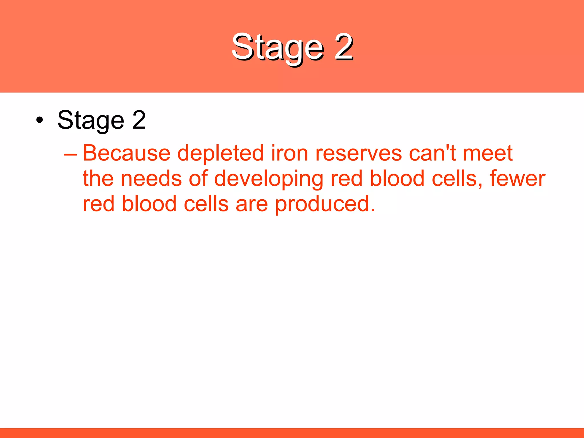 Stage 2 Stage 2 Because depleted iron reserves can't meet the needs of developing red blood cells, fewer red blood cells are produced. 