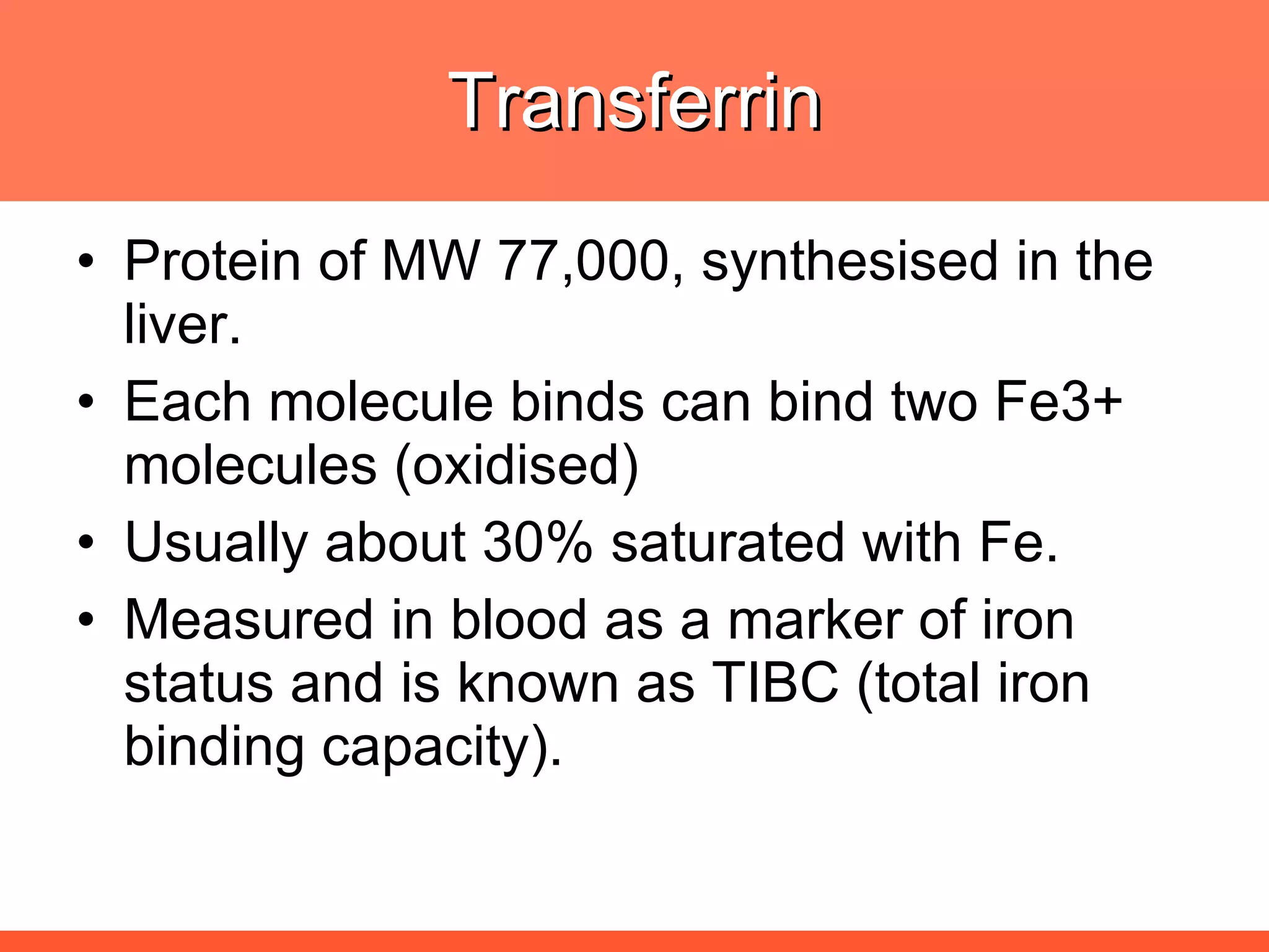 Transferrin Protein of MW 77,000, synthesised in the liver. Each molecule binds can bind two Fe3+ molecules (oxidised) Usually about 30% saturated with Fe. Measured in blood as a marker of iron status  and is known as TIBC (total iron binding capacity). 