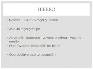 HIERRO
• Normal 50 a 55 mg/kg varón
• 35 a 40 mg/kg mujer
• Absorción -duodeno –yeyuno proximal -yeyuno
medio
• Que favorece absorción de hierro –
• Que desfavorece su absorción.
 