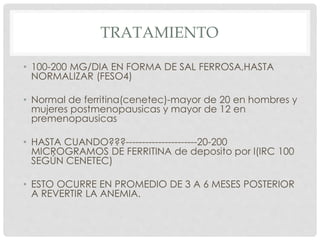 TRATAMIENTO
• 100-200 MG/DIA EN FORMA DE SAL FERROSA,HASTA
NORMALIZAR (FESO4)
• Normal de ferritina(cenetec)-mayor de 20 en hombres y
mujeres postmenopausicas y mayor de 12 en
premenopausicas
• HASTA CUANDO???----------------------20-200
MICROGRAMOS DE FERRITINA de deposito por l(IRC 100
SEGÚN CENETEC)
• ESTO OCURRE EN PROMEDIO DE 3 A 6 MESES POSTERIOR
A REVERTIR LA ANEMIA.
 