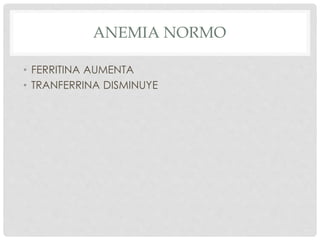 ANEMIA NORMO
• FERRITINA AUMENTA
• TRANFERRINA DISMINUYE
 