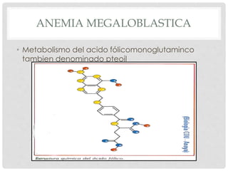 • Metabolismo del acido fólicomonoglutaminco
tambien denominado pteoil
ANEMIA MEGALOBLASTICA
 