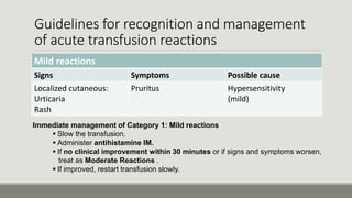 Guidelines for recognition and management
of acute transfusion reactions
Mild reactions
Signs Symptoms Possible cause
Localized cutaneous:
Urticaria
Rash
Pruritus Hypersensitivity
(mild)
Immediate management of Category 1: Mild reactions
 Slow the transfusion.
 Administer antihistamine IM.
 If no clinical improvement within 30 minutes or if signs and symptoms worsen,
treat as Moderate Reactions .
 If improved, restart transfusion slowly.
 