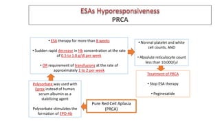 Pure Red Cell Aplasia
(PRCA)
Polysorbate was used with
Eprex instead of human
serum albumin as a
stabilizing agent
Polysorbate stimulates the
formation of EPO-Ab
• ESA therapy for more than 8 weeks
• Sudden rapid decrease in Hb concentration at the rate
of 0.5 to 1.0 g/dl per week
• OR requirement of transfusions at the rate of
approximately 1 to 2 per week
• Normal platelet and white
cell counts, AND
• Absolute reticulocyte count
less than 10,000/l
Treatment of PRCA
• Stop ESA therapy
• Peginesatide
 