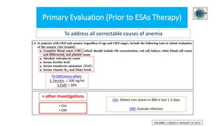 • CHr
• CRP
Primary Evaluation (Prior to ESAs Therapy)
+ other Investigations
To address all correctable causes of anemia
Fe Deficiency when:
S. Ferritin  500 ng/ml
S.TSAT  30%
CHr: Detect iron stores in BM in last 1-2 days
CRP: Exclude infection
 