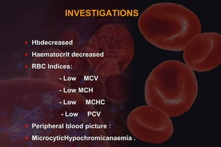 INVESTIGATIONSINVESTIGATIONS
♦ HbdecreasedHbdecreased
♦ Haematocrit decreasedHaematocrit decreased
♦ RBC Indices:RBC Indices:
- Low MCV- Low MCV
- Low MCH- Low MCH
- Low MCHC- Low MCHC
- Low PCV- Low PCV
♦ Peripheral blood picture :Peripheral blood picture :
♦ MicrocyticHypochromicanaemia .MicrocyticHypochromicanaemia .
 