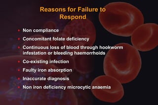 Reasons for Failure toReasons for Failure to
RespondRespond
♦ Non complianceNon compliance
♦ Concomitant folate deficiencyConcomitant folate deficiency
♦ Continuous loss of blood through hookwormContinuous loss of blood through hookworm
infestation or bleeding haemorrhoidsinfestation or bleeding haemorrhoids
♦ Co-existing infectionCo-existing infection
♦ Faulty iron absorptionFaulty iron absorption
♦ Inaccurate diagnosisInaccurate diagnosis
♦ Non iron deficiency microcytic anaemiaNon iron deficiency microcytic anaemia
 