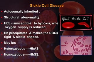 Sickle Cell Disease
♦ Autosomally inherited .Autosomally inherited .
♦ Structural abnormality.Structural abnormality.
♦ HbS - susceptible to hypoxia, whenHbS - susceptible to hypoxia, when
oxygen supply is reduced.oxygen supply is reduced.
♦ Hb precipitates & makes the RBCsHb precipitates & makes the RBCs
rigid & sickle shaped.rigid & sickle shaped.
♦ May be:May be:
♦ Heterozygous----HbAS.Heterozygous----HbAS.
♦ Homozygous-----HbSS.Homozygous-----HbSS.
 