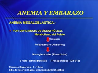 ANEMIA MEGALOBLASTICA.-
POR DEFICIENCIA DE ÁCIDO FÓLICO.
Metabolismo del Folato
Poliglutamato (Alimentos)
Monoglutamato (Absorbidos)
5 metil- tetrahidrofolato (Transportados) (Vit B12)
Reservas Corporales: 5 – 10 mg.
Sitio de Reserva: Hígado, Circulación Enterohepática
Conjugasa
ANEMIA Y EMBARAZO
 