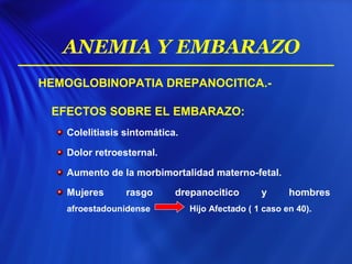 HEMOGLOBINOPATIA DREPANOCITICA.-
EFECTOS SOBRE EL EMBARAZO:
Colelitiasis sintomática.
Dolor retroesternal.
Aumento de la morbimortalidad materno-fetal.
Mujeres rasgo drepanocitico y hombres
afroestadounidense Hijo Afectado ( 1 caso en 40).
ANEMIA Y EMBARAZO
 