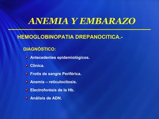 HEMOGLOBINOPATIA DREPANOCITICA.-
DIAGNÓSTICO:
Antecedentes epidemiológicos.
Clínica.
Frotis de sangre Periférica.
Anemia – reticulocitosis.
Electroforésis de la Hb.
Análisis de ADN.
ANEMIA Y EMBARAZO
 