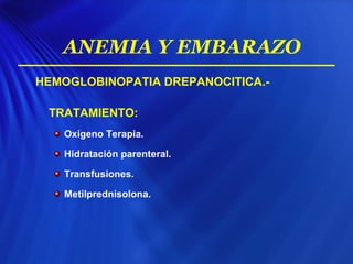 HEMOGLOBINOPATIA DREPANOCITICA.-
TRATAMIENTO:
Oxígeno Terapia.
Hidratación parenteral.
Transfusiones.
Metilprednisolona.
ANEMIA Y EMBARAZO
 