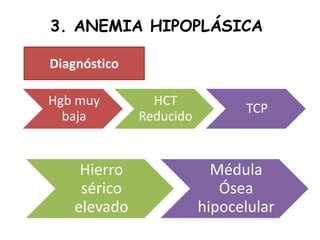 3. ANEMIA HIPOPLÁSICA
Diagnóstico
Hgb muy
baja
HCT
Reducido
TCP
Hierro
sérico
elevado
Médula
Ósea
hipocelular
 