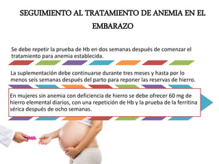 SEGUIMIENTO AL TRATAMIENTO DE ANEMIA EN EL
EMBARAZO
Se debe repetir la prueba de Hb en dos semanas después de comenzar el
tratamiento para anemia establecida.
La suplementación debe continuarse durante tres meses y hasta por lo
menos seis semanas después del parto para reponer las reservas de hierro.
En mujeres sin anemia con deficiencia de hierro se debe ofrecer 60 mg de
hierro elemental diarios, con una repetición de Hb y la prueba de la ferritina
sérica después de ocho semanas.
 
