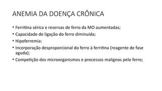 ANEMIA DA DOENÇA CRÔNICA
• Ferritina sérica e reservas de ferro da MO aumentadas;
• Capacidade de ligação do ferro diminuída;
• Hipoferremia:
• Incorporação desproporcional do ferro à ferritina (reagente de fase
aguda);
• Competição dos microorganismos e processos malignos pelo ferro;
 