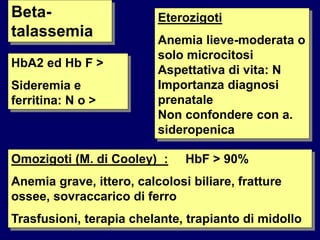 Beta-
talassemia
HbA2 ed Hb F >
Sideremia e
ferritina: N o >
Eterozigoti
Anemia lieve-moderata o
solo microcitosi
Aspettativa di vita: N
Importanza diagnosi
prenatale
Non confondere con a.
sideropenica
Omozigoti (M. di Cooley) : HbF > 90%
Anemia grave, ittero, calcolosi biliare, fratture
ossee, sovraccarico di ferro
Trasfusioni, terapia chelante, trapianto di midollo
 