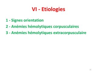 VI - Etiologies
1 - Signes orientation
2 - Anémies hémolytiques corpusculaires
3 - Anémies hémolytiques extracorpusculaire
21
 