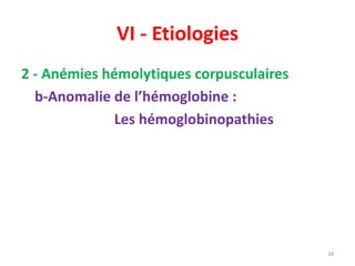 VI - Etiologies
2 - Anémies hémolytiques corpusculaires
b-Anomalie de l’hémoglobine :
Les hémoglobinopathies
34
 