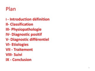 Plan
I - Introduction définition
II- Classification
III- Physiopathologie
IV- Diagnostic positif
V- Diagnostic différentiel
VI- Etiologies
VII - Traitement
VIII- Suivi
IX - Conclusion
4
 