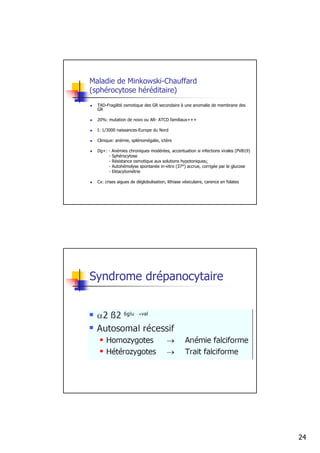 Maladie de Minkowski-Chauffard
(sphérocytose héréditaire)
  TAD-Fragilité osmotique des GR secondaire à une anomalie de membrane des
  GR

  20%: mutation de novo ou AR- ATCD familiaux+++

  I: 1/3000 naissances-Europe du Nord

  Clinique: anémie, splénomégalie, ictère

  Dg+: - Anémies chroniques modérées, accentuation si infections virales (PVB19)
       - Sphérocytose
       - Résistance osmotique aux solutions hypotoniques↓
       - Autohémolyse spontanée in-vitro (37°) accrue, corrigée par le glucose
       - Ektacytométrie

  Cx: crises aigues de déglobulisation, lithiase vésiculaire, carence en folates




Syndrome drépanocytaire




                                                                                   24
 