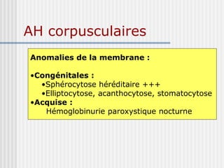 AH corpusculaires
Anomalies de la membrane :
•Congénitales :
•Sphérocytose héréditaire +++
•Elliptocytose, acanthocytose, stomatocytose
•Acquise :
Hémoglobinurie paroxystique nocturne
 