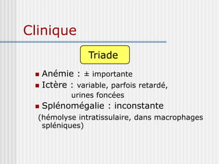 Clinique
Triade :
 Anémie : ± importante
 Ictère : variable, parfois retardé,
urines foncées
 Splénomégalie : inconstante
(hémolyse intratissulaire, dans macrophages
spléniques)
Triade
 