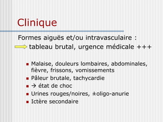 Clinique
Formes aiguës et/ou intravasculaire :
tableau brutal, urgence médicale +++
 Malaise, douleurs lombaires, abdominales,
fièvre, frissons, vomissements
 Pâleur brutale, tachycardie
  état de choc
 Urines rouges/noires, ±oligo-anurie
 Ictère secondaire
 