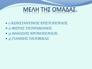ΜΕΛΗ ΤΗΣ ΟΜΑΔΑΣ.

 1) ΚΩΝΣΤΑΝΤΙΝΟΣ ΧΡΙΣΤΟΠΟΥΛΟΣ
 2) ΦΩΤΗΣ ΤΖΟΥΡΑΜΑΝΗΣ
 3) ΘΑΝΑΣΗΣ ΧΡΟΝΟΠΟΥΛΟΣ
 4) ΓΙΑΝΝΗΣ ΤΖΟΥΒΕΚΑΣ
 