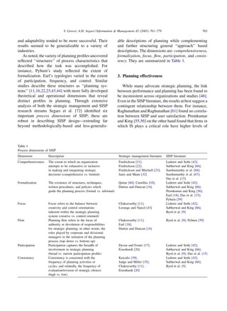 V. Grover, A.H. Segars / Information & Management 42 (2005) 761–779                                   763

and adaptability tended to be more successful. Their                    able descriptions of planning while complementing
results seemed to be generalizable to a variety of                      and further structuring general ‘‘approach’’ based
industries.                                                             descriptions. The dimensions are: comprehensiveness,
   As noted, the variety of planning proﬁles uncovered                  formalization, focus, ﬂow, participation, and consis-
reﬂected ‘‘structures’’ of process characteristics that                 tency. They are summarized in Table 1.
described how the task was accomplished. For
instance, Pyburn’s study reﬂected the extent of
formalization. Earl’s typologies varied in the extent                   3. Planning effectiveness
of participation, frequency, and control. Similar
studies describe these structures as ‘‘planning sys-                       While many advocate strategic planning, the link
tems’’ [11,16,22,23,43,44] with more fully developed                    between performance and planning has been found to
theoretical and operational dimensions that reveal                      be inconsistent across organizations and studies [46].
distinct proﬁles in planning. Through extensive                         Even in the SISP literature, the results at best suggest a
analysis of both the strategic management and SISP                      contingent relationship between them. For instance,
research streams Segars et al. [72] identiﬁed six                       Raghunathan and Raghunathan [61] found no correla-
important process dimensions of SISP; these are                         tion between SISP and user satisfaction. Premkumar
robust in describing SISP design—extending far                          and King [55,56] on the other hand found that ﬁrms in
beyond methodologically-based and less-generaliz-                       which IS plays a critical role have higher levels of



Table 1
Process dimensions of SISP
Dimension            Description                                        Strategic management literature   SISP literature
Comprehensiveness    The extent to which an organization                Fredrickson [21];                 Lederer and Sethi [42];
                     attempts to be exhaustive or inclusive             Fredrickson [22];                 Sabherwal and King [66];
                     in making and integrating strategic                Fredrickson and Mitchell [23];    Sambamurthy et al. [68];
                     decisions (comprehensive vs. limited)              Janis and Mann [32]               Sambamurthy et al. [67];
                                                                                                          Das et al. [15]
Formalization        The existence of structures, techniques,           Quinn [60]; Camillus [10];        Lederer and Sethi [42];
                     written procedures, and policies which             Dutton and Duncan [16]            Sabherwal and King [66];
                     guide the planning process (formal vs. informal)                                     Premkumar and King [56];
                                                                                                          Earl [18]; Das et al. [15];
                                                                                                          Pyburn [59]
Focus                Focus refers to the balance between                Chakravarthy [11];                Lederer and Sethi [42];
                     creativity and control orientations                Lorange and Vancil [43]           Sabherwal and King [66];
                     inherent within the strategic planning                                               Byrd et al. [9]
                     system (creative vs. control oriented)
Flow                 Planning ﬂow refers to the locus of                Chakravarthy [11];                Byrd et al. [9]; Pyburn [59]
                     authority or devolution of responsibilities        Earl [18];
                     for strategic planning; in other words, the        Dutton and Duncan [16]
                     roles played by corporate and divisional
                     managers in the initiation of the planning
                     process (top–down vs. bottom–up)
Participation        Participation captures the breadth of              Dyson and Foster [17];            Lederer and Sethi [42];
                     involvement in strategic planning                  Eisenhardt [20]                   Sabherwal and King [66];
                     (broad vs. narrow participation proﬁle)                                              Byrd et al. [9]; Das et al. [15]
Consistency          Consistency is concerned with the                  Kuicalis [39];                    Lederer and Sethi [42];
                     frequency of planning activities or                Judge and Miller [35];            Sabherwal and King [66];
                     cycles, and relatedly, the frequency of            Chakravarthy [11];                Byrd et al. [9]
                     evaluation/revision of strategic choices           Eisenhardt [20]
                     (high vs. low)
 