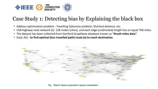 Case Study 1: Detecting bias by Explaining the black box
• Address optimization problem : Travelling Salesman problem, Shortest distance, etc.
• USA highway road network (S): 128 nodes (cities), and each edge (undirected) length less or equal 700 miles.
• The dataset has been collected from Stanford Graphbase database known as "Knuth miles data".
• Goal, f(x) : to find optimal (less travelled path) route (x) to reach destination.
Fig. : Search Space (population space) visualization
 