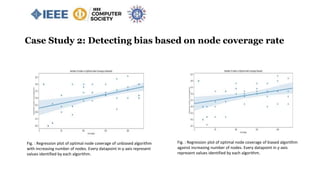 Case Study 2: Detecting bias based on node coverage rate
Fig. : Regression plot of optimal node coverage of unbiased algorithm
with increasing number of nodes. Every datapoint in y-axis represent
values identified by each algorithm.
Fig. : Regression plot of optimal node coverage of biased algorithm
against increasing number of nodes. Every datapoint in y-axis
represent values identified by each algorithm.
 
