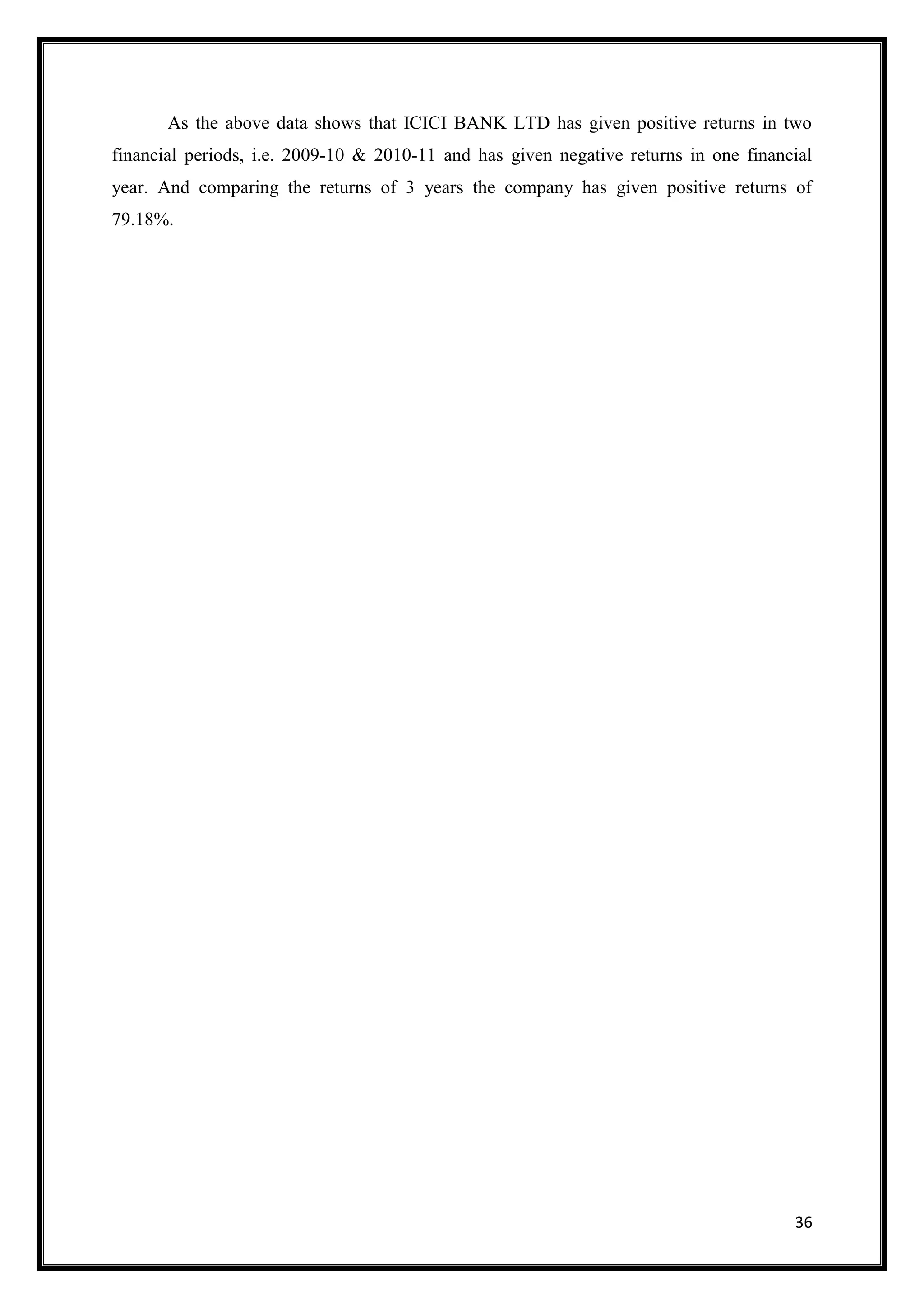 As the above data shows that ICICI BANK LTD has given positive returns in two
financial periods, i.e. 2009-10 & 2010-11 and has given negative returns in one financial
year. And comparing the returns of 3 years the company has given positive returns of
79.18%.




                                                                                      36
 