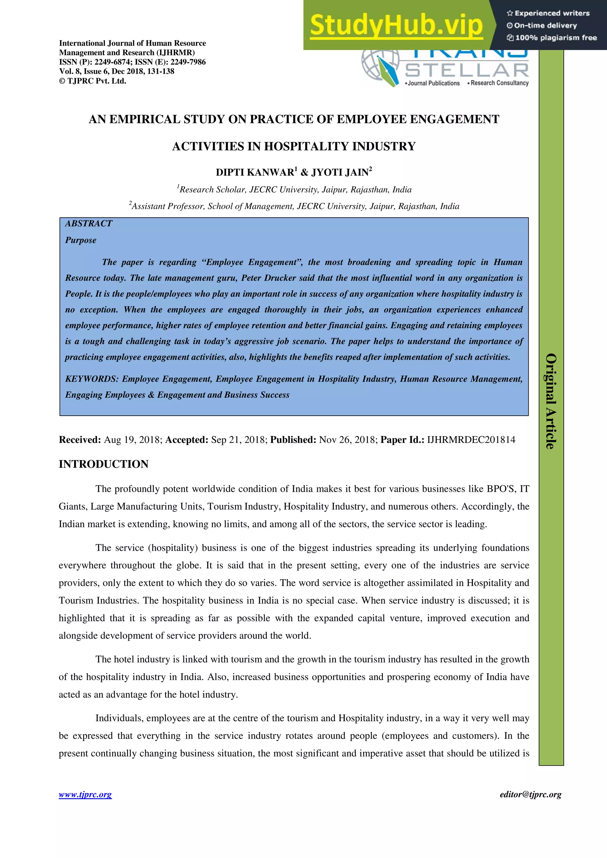AN EMPIRICAL STUDY ON PRACTICE OF EMPLOYEE ENGAGEMENT ACTIVITIES IN ...