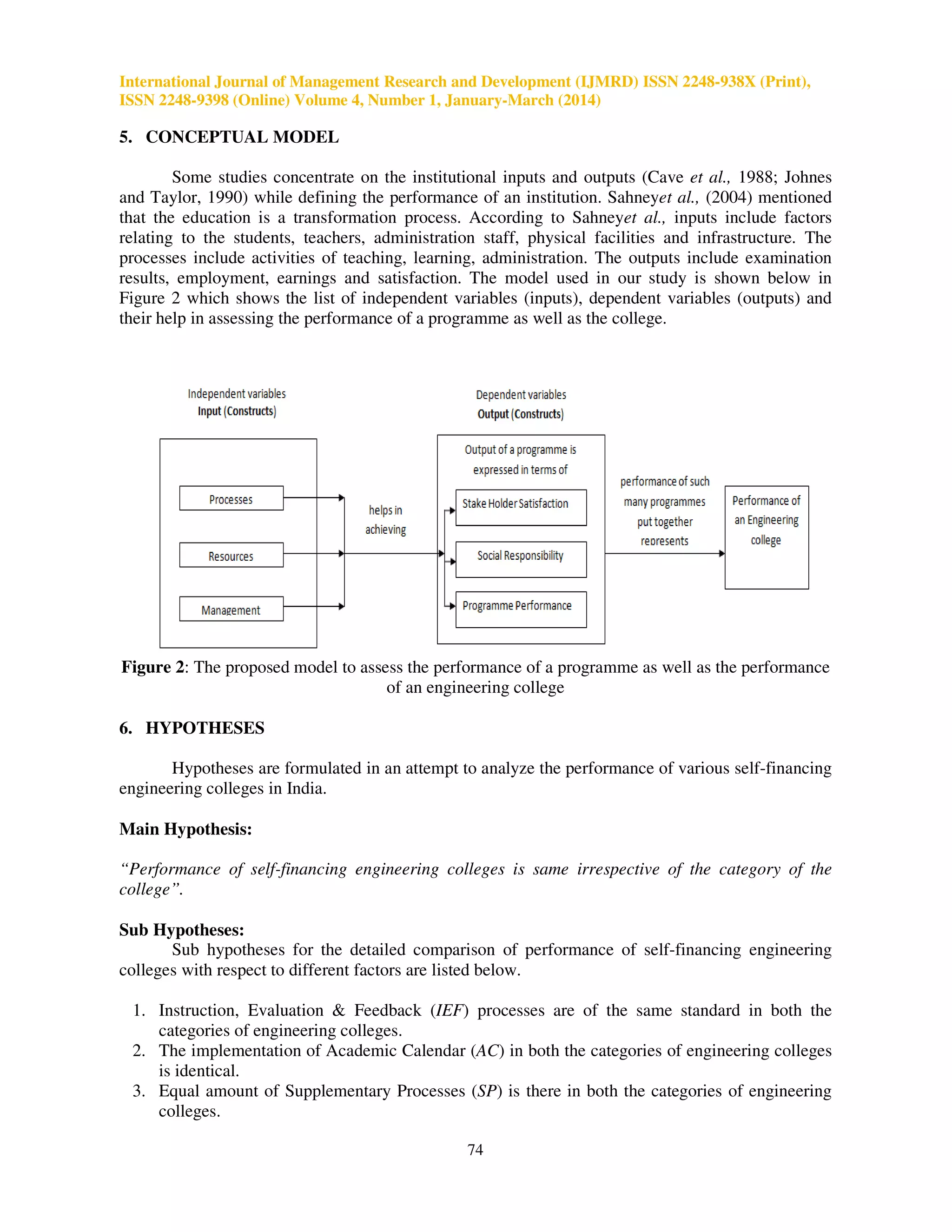 International Journal of Management Research and Development (IJMRD) ISSN 2248-938X (Print),
ISSN 2248-9398 (Online) Volume 4, Number 1, January-March (2014)
74
5. CONCEPTUAL MODEL
Some studies concentrate on the institutional inputs and outputs (Cave et al., 1988; Johnes
and Taylor, 1990) while defining the performance of an institution. Sahneyet al., (2004) mentioned
that the education is a transformation process. According to Sahneyet al., inputs include factors
relating to the students, teachers, administration staff, physical facilities and infrastructure. The
processes include activities of teaching, learning, administration. The outputs include examination
results, employment, earnings and satisfaction. The model used in our study is shown below in
Figure 2 which shows the list of independent variables (inputs), dependent variables (outputs) and
their help in assessing the performance of a programme as well as the college.
Figure 2: The proposed model to assess the performance of a programme as well as the performance
of an engineering college
6. HYPOTHESES
Hypotheses are formulated in an attempt to analyze the performance of various self-financing
engineering colleges in India.
Main Hypothesis:
“Performance of self-financing engineering colleges is same irrespective of the category of the
college”.
Sub Hypotheses:
Sub hypotheses for the detailed comparison of performance of self-financing engineering
colleges with respect to different factors are listed below.
1. Instruction, Evaluation & Feedback (IEF) processes are of the same standard in both the
categories of engineering colleges.
2. The implementation of Academic Calendar (AC) in both the categories of engineering colleges
is identical.
3. Equal amount of Supplementary Processes (SP) is there in both the categories of engineering
colleges.
 