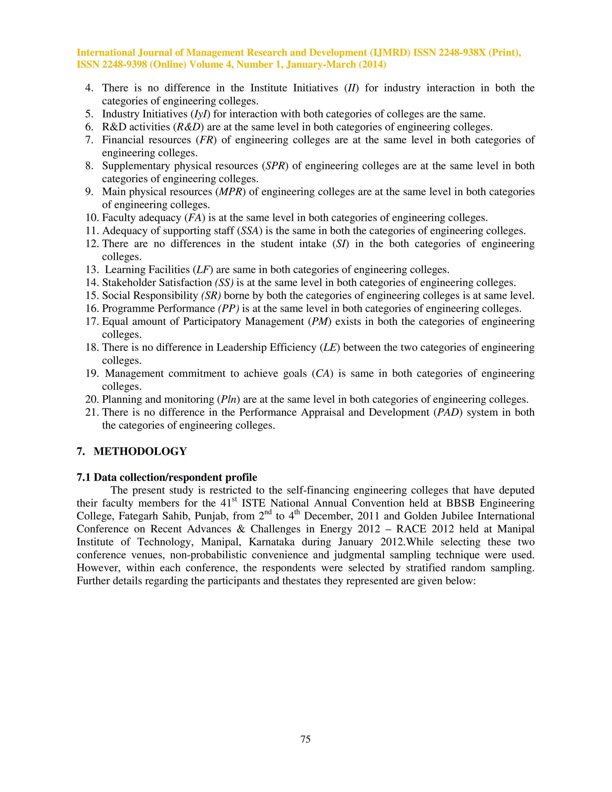International Journal of Management Research and Development (IJMRD) ISSN 2248-938X (Print),
ISSN 2248-9398 (Online) Volume 4, Number 1, January-March (2014)
75
4. There is no difference in the Institute Initiatives (II) for industry interaction in both the
categories of engineering colleges.
5. Industry Initiatives (IyI) for interaction with both categories of colleges are the same.
6. R&D activities (R&D) are at the same level in both categories of engineering colleges.
7. Financial resources (FR) of engineering colleges are at the same level in both categories of
engineering colleges.
8. Supplementary physical resources (SPR) of engineering colleges are at the same level in both
categories of engineering colleges.
9. Main physical resources (MPR) of engineering colleges are at the same level in both categories
of engineering colleges.
10. Faculty adequacy (FA) is at the same level in both categories of engineering colleges.
11. Adequacy of supporting staff (SSA) is the same in both the categories of engineering colleges.
12. There are no differences in the student intake (SI) in the both categories of engineering
colleges.
13. Learning Facilities (LF) are same in both categories of engineering colleges.
14. Stakeholder Satisfaction (SS) is at the same level in both categories of engineering colleges.
15. Social Responsibility (SR) borne by both the categories of engineering colleges is at same level.
16. Programme Performance (PP) is at the same level in both categories of engineering colleges.
17. Equal amount of Participatory Management (PM) exists in both the categories of engineering
colleges.
18. There is no difference in Leadership Efficiency (LE) between the two categories of engineering
colleges.
19. Management commitment to achieve goals (CA) is same in both categories of engineering
colleges.
20. Planning and monitoring (Pln) are at the same level in both categories of engineering colleges.
21. There is no difference in the Performance Appraisal and Development (PAD) system in both
the categories of engineering colleges.
7. METHODOLOGY
7.1 Data collection/respondent profile
The present study is restricted to the self-financing engineering colleges that have deputed
their faculty members for the 41st
ISTE National Annual Convention held at BBSB Engineering
College, Fategarh Sahib, Punjab, from 2nd
to 4th
December, 2011 and Golden Jubilee International
Conference on Recent Advances & Challenges in Energy 2012 – RACE 2012 held at Manipal
Institute of Technology, Manipal, Karnataka during January 2012.While selecting these two
conference venues, non-probabilistic convenience and judgmental sampling technique were used.
However, within each conference, the respondents were selected by stratified random sampling.
Further details regarding the participants and thestates they represented are given below:
 