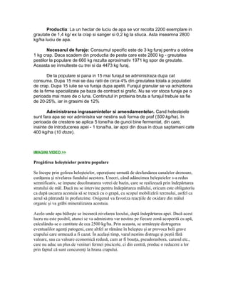 Productia: La un hectar de luciu de apa se vor recolta 2200 exemplare in
grautate de 1,4 kg/ ex la crap si sanger si 0,2 kg la stiuca. Asta inseamna 2800
kg/ha luciu de apa.
Necesarul de furaje: Consumul specific este de 3 kg furaj pentru a obtine
1 kg crap. Daca scadem din productia de peste care este 2800 kg - greutatea
pestilor la populare de 660 kg rezulta aproximativ 1971 kg spor de greutate.
Aceasta se inmulteste cu trei si da 4473 kg furaj.
De la populare si pana in 15 mai furajul se administraza dupa cat
consuma. Dupa 15 mai se dau ratii de circa 4% din greutatea totala a populatiei
de crap. Dupa 15 iulie se va furaja dupa apetit. Furajul granular se va achizitiona
de la firme specializate pe baza de contract si grafic. Nu se vor stoca furaje pe o
perioada mai mare de o luna. Continutul in proteina bruta a furajul trebuie sa fie
de 20-25%, iar in grasimi de 12%
Administrarea ingrasamintelor si amendamentelor. Cand helesteiele
sunt fara apa se vor administra var nestins sub forma de praf (500 kg/ha). In
perioada de crestere se aplica 5 tone/ha de gunoi bine fermentat, din care,
inainte de introducerea apei - 1 tona/ha, iar apoi din doua in doua saptamani cate
400 kg/ha (10 doze).
IMAGINI VIDEO >>
Pregătirea heleşteielor pentru populare
Se începe prin golirea heleşteielor, operaţiune urmată de desfundarea canalelor drenoare,
curăţarea şi nivelarea fundului acestora. Uneori, când adâncimea heleşteielor s-a redus
semnificativ, se impune decolmatarea vetrei de bazin, care se realizează prin îndepărtarea
stratului de mâl. Dacă nu se intervine pentru îndepărtarea mâlului, oricum este obligatoriu
ca după uscarea acestuia să se treacă cu o grapă, cu scopul mobilizării terenului, astfel ca
aerul să pătrundă în profunzime. Oxigenul va favoriza reacţiile de oxidare din mâlul
organic şi va grăbi mineralizarea acestuia.
Acolo unde apa bălteşte se încearcă nivelarea locului, după îndepărtarea apei. Dacă acest
lucru nu este posibil, atunci se va administra var nestins pe fiecare zonă acoperită cu apă,
calculându-se o cantitate de cca 2500 kg/ha. Prin aceasta, se urmăreşte distrugerea
eventualilor agenţi patogeni, care altfel ar rămâne în heleşteu şi ar provoca boli grave
crapului care urmează a fi cazat. În acelaşi timp, varul nestins distruge şi peştii fără
valoare, sau cu valoare economică redusă, cum ar fi boarţa, pseudorasbora, carasul etc.,
care nu aduc un plus de venituri fermei piscicole, ci din contră, produc o reducere a lor
prin faptul că sunt concurenţi la hrana crapului.
 