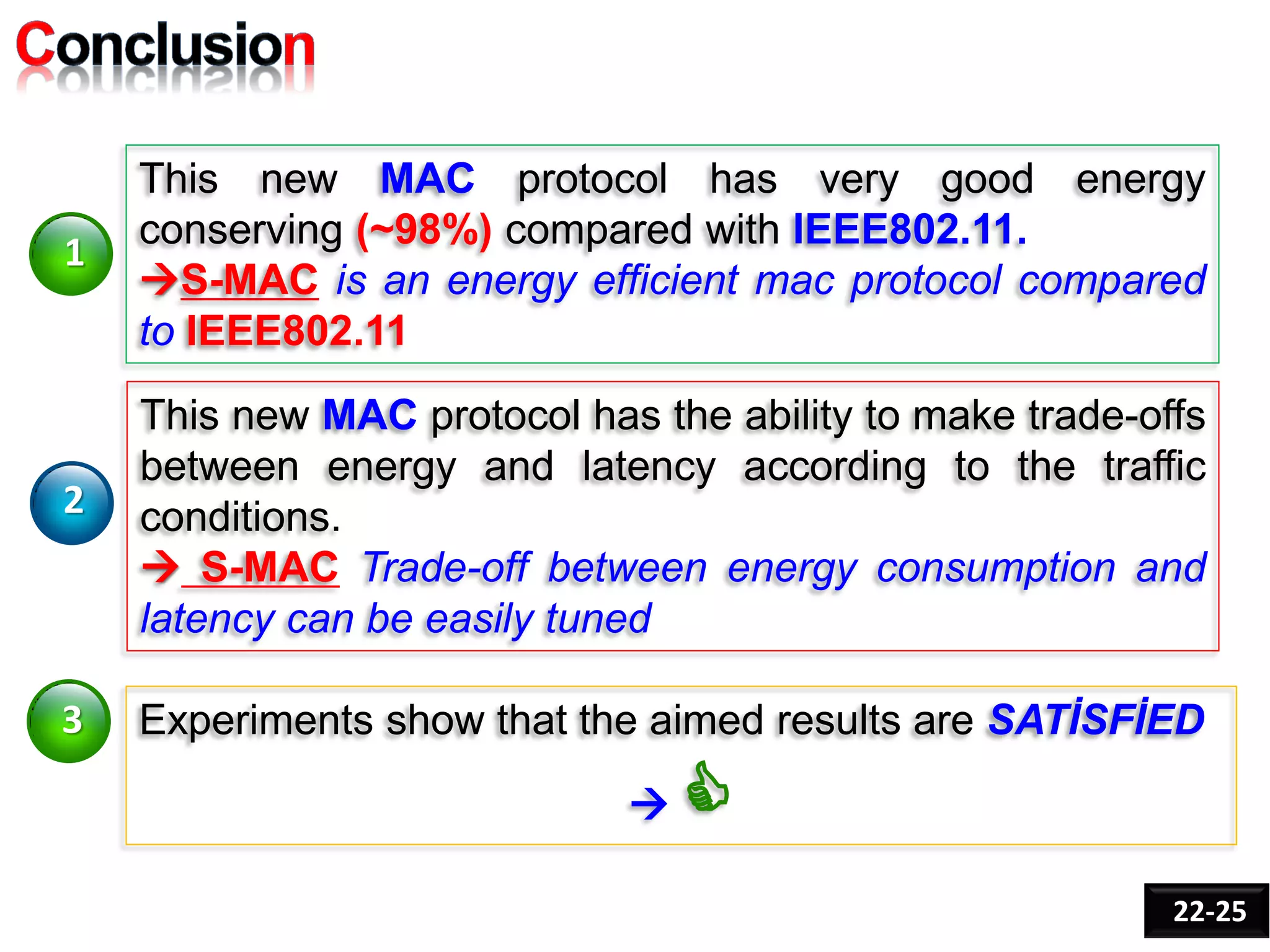 2
1
3 Experiments show that the aimed results are SATİSFİED
 
This new MAC protocol has very good energy
conserving (~98%) compared with IEEE802.11.
S-MAC is an energy efficient mac protocol compared
to IEEE802.11
This new MAC protocol has the ability to make trade-offs
between energy and latency according to the traffic
conditions.
 S-MAC Trade-off between energy consumption and
latency can be easily tuned
22-25
 