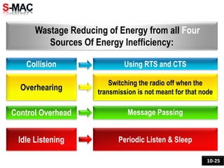 Wastage Reducing of Energy from all Four
Sources Of Energy Inefficiency:
Collision
Overhearing
Control Overhead
Idle Listening
Using RTS and CTS
Switching the radio off when the
transmission is not meant for that node
Message Passing
Periodic Listen & Sleep
10-25
 