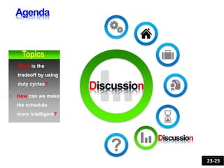 • What is the
tradeoff by using
duty cycles?
• How can we make
the schedule
more intelligent?
23-25
Topics
 