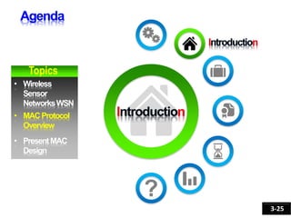 • Wireless
Sensor
NetworksWSN
• MACProtocol
Overview
Topics
3-25
• PresentMAC
Design
 