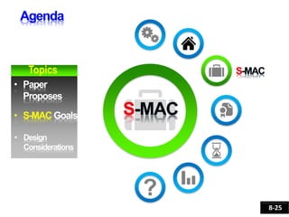 • Paper
Proposes
• S-MAC Goals
• Design
Considerations
Topics
8-25
 