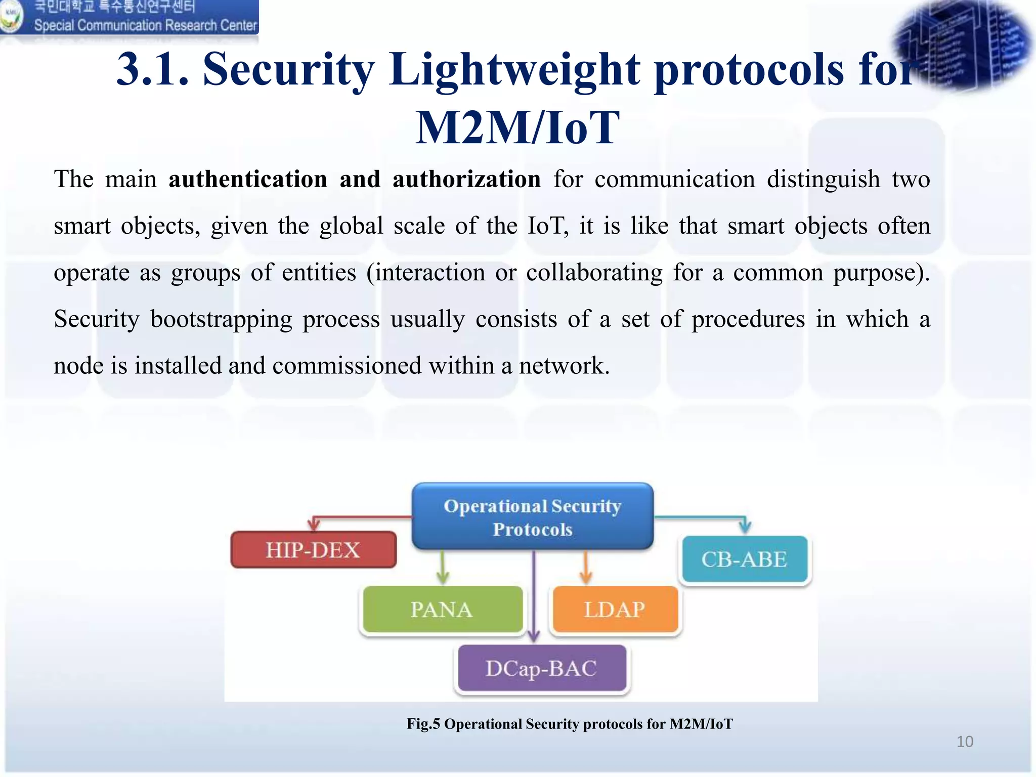3.1. Security Lightweight protocols for
M2M/IoT
10
The main authentication and authorization for communication distinguish two
smart objects, given the global scale of the IoT, it is like that smart objects often
operate as groups of entities (interaction or collaborating for a common purpose).
Security bootstrapping process usually consists of a set of procedures in which a
node is installed and commissioned within a network.
Fig.5 Operational Security protocols for M2M/IoT
 