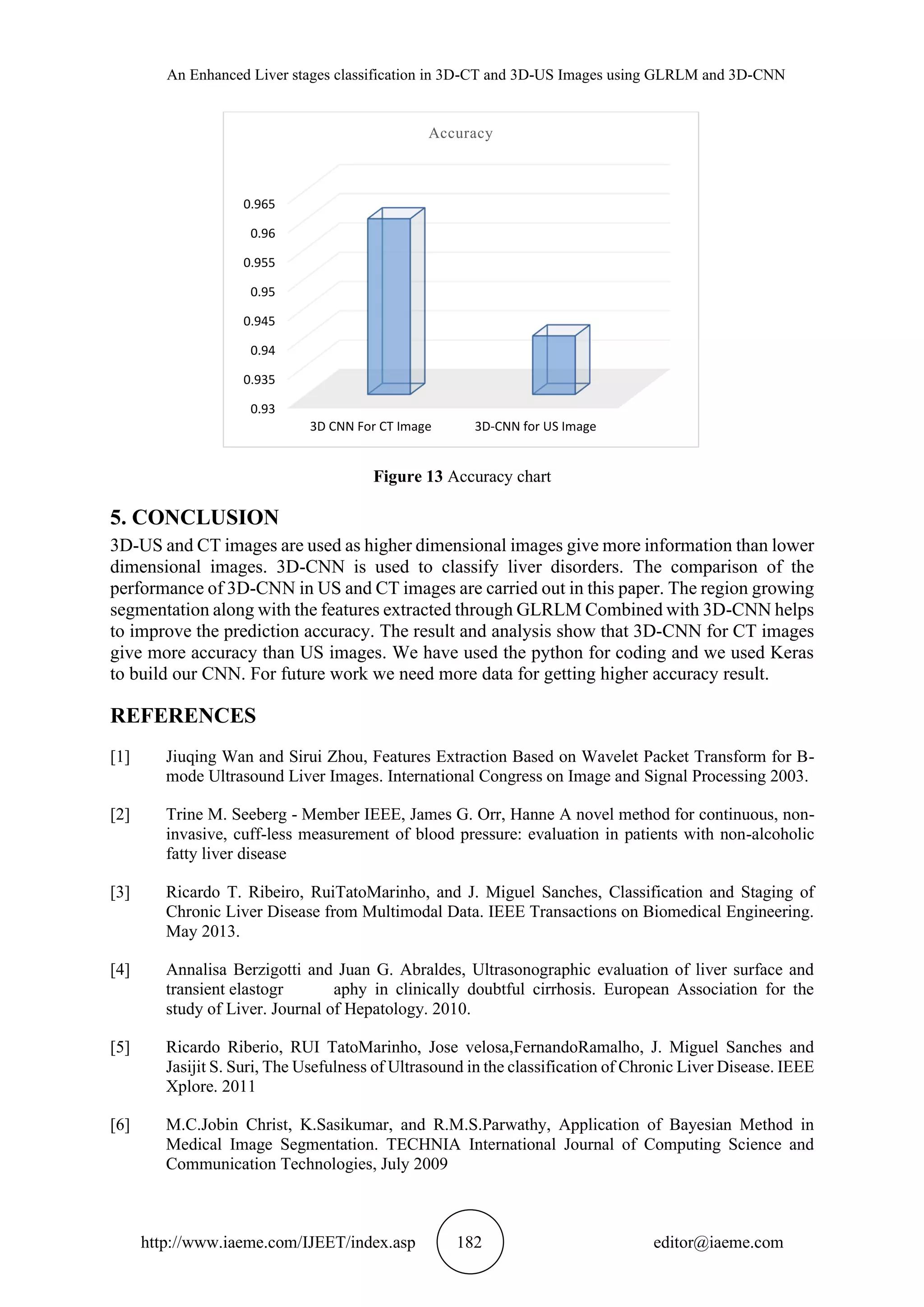 An Enhanced Liver stages classification in 3D-CT and 3D-US Images using GLRLM and 3D-CNN
http://www.iaeme.com/IJEET/index.asp 182 editor@iaeme.com
Figure 13 Accuracy chart
5. CONCLUSION
3D-US and CT images are used as higher dimensional images give more information than lower
dimensional images. 3D-CNN is used to classify liver disorders. The comparison of the
performance of 3D-CNN in US and CT images are carried out in this paper. The region growing
segmentation along with the features extracted through GLRLM Combined with 3D-CNN helps
to improve the prediction accuracy. The result and analysis show that 3D-CNN for CT images
give more accuracy than US images. We have used the python for coding and we used Keras
to build our CNN. For future work we need more data for getting higher accuracy result.
REFERENCES
[1] Jiuqing Wan and Sirui Zhou, Features Extraction Based on Wavelet Packet Transform for B-
mode Ultrasound Liver Images. International Congress on Image and Signal Processing 2003.
[2] Trine M. Seeberg - Member IEEE, James G. Orr, Hanne A novel method for continuous, non-
invasive, cuff-less measurement of blood pressure: evaluation in patients with non-alcoholic
fatty liver disease
[3] Ricardo T. Ribeiro, RuiTatoMarinho, and J. Miguel Sanches, Classification and Staging of
Chronic Liver Disease from Multimodal Data. IEEE Transactions on Biomedical Engineering.
May 2013.
[4] Annalisa Berzigotti and Juan G. Abraldes, Ultrasonographic evaluation of liver surface and
transient elastogr aphy in clinically doubtful cirrhosis. European Association for the
study of Liver. Journal of Hepatology. 2010.
[5] Ricardo Riberio, RUI TatoMarinho, Jose velosa,FernandoRamalho, J. Miguel Sanches and
Jasijit S. Suri, The Usefulness of Ultrasound in the classification of Chronic Liver Disease. IEEE
Xplore. 2011
[6] M.C.Jobin Christ, K.Sasikumar, and R.M.S.Parwathy, Application of Bayesian Method in
Medical Image Segmentation. TECHNIA International Journal of Computing Science and
Communication Technologies, July 2009
0.93
0.935
0.94
0.945
0.95
0.955
0.96
0.965
3D CNN For CT Image 3D-CNN for US Image
Accuracy
 