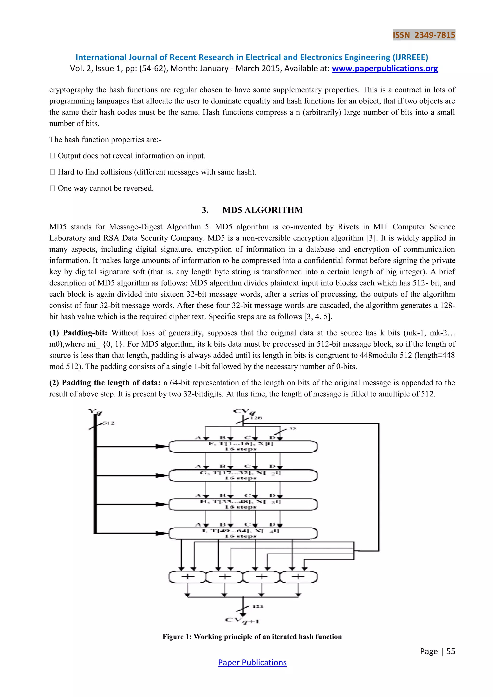 ISSN 2349-7815 International Journal of Recent Research in Electrical and Electronics Engineering (IJRREEE) Vol. 2, Issue 1, pp: (54-62), Month: January - March 2015, Available at: www.paperpublications.org Page | 55 Paper Publications cryptography the hash functions are regular chosen to have some supplementary properties. This is a contract in lots of programming languages that allocate the user to dominate equality and hash functions for an object, that if two objects are the same their hash codes must be the same. Hash functions compress a n (arbitrarily) large number of bits into a small number of bits. The hash function properties are:- ash). 3. MD5 ALGORITHM MD5 stands for Message-Digest Algorithm 5. MD5 algorithm is co-invented by Rivets in MIT Computer Science Laboratory and RSA Data Security Company. MD5 is a non-reversible encryption algorithm [3]. It is widely applied in many aspects, including digital signature, encryption of information in a database and encryption of communication information. It makes large amounts of information to be compressed into a confidential format before signing the private key by digital signature soft (that is, any length byte string is transformed into a certain length of big integer). A brief description of MD5 algorithm as follows: MD5 algorithm divides plaintext input into blocks each which has 512- bit, and each block is again divided into sixteen 32-bit message words, after a series of processing, the outputs of the algorithm consist of four 32-bit message words. After these four 32-bit message words are cascaded, the algorithm generates a 128- bit hash value which is the required cipher text. Specific steps are as follows [3, 4, 5]. (1) Padding-bit: Without loss of generality, supposes that the original data at the source has k bits (mk-1, mk-2… m0),where mi_ {0, 1}. For MD5 algorithm, its k bits data must be processed in 512-bit message block, so if the length of source is less than that length, padding is always added until its length in bits is congruent to 448modulo 512 (length≡448 mod 512). The padding consists of a single 1-bit followed by the necessary number of 0-bits. (2) Padding the length of data: a 64-bit representation of the length on bits of the original message is appended to the result of above step. It is present by two 32-bitdigits. At this time, the length of message is filled to amultiple of 512. Figure 1: Working principle of an iterated hash function 