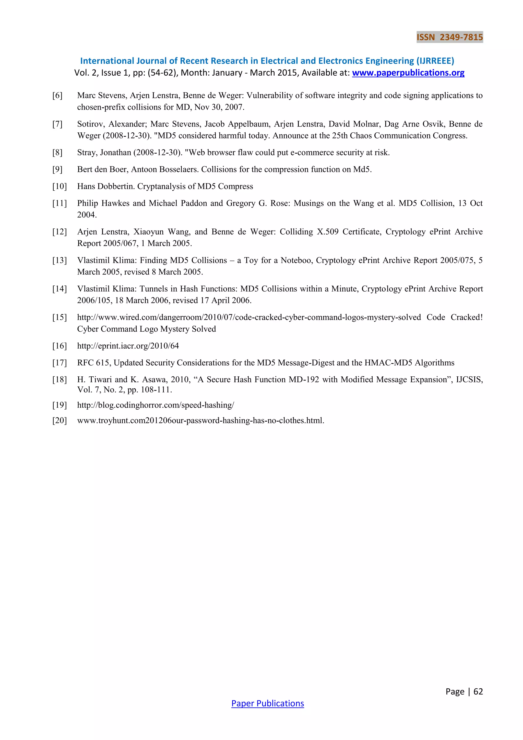 ISSN 2349-7815 International Journal of Recent Research in Electrical and Electronics Engineering (IJRREEE) Vol. 2, Issue 1, pp: (54-62), Month: January - March 2015, Available at: www.paperpublications.org Page | 62 Paper Publications [6] Marc Stevens, Arjen Lenstra, Benne de Weger: Vulnerability of software integrity and code signing applications to chosen-prefix collisions for MD, Nov 30, 2007. [7] Sotirov, Alexander; Marc Stevens, Jacob Appelbaum, Arjen Lenstra, David Molnar, Dag Arne Osvik, Benne de Weger (2008-12-30). "MD5 considered harmful today. Announce at the 25th Chaos Communication Congress. [8] Stray, Jonathan (2008-12-30). "Web browser flaw could put e-commerce security at risk. [9] Bert den Boer, Antoon Bosselaers. Collisions for the compression function on Md5. [10] Hans Dobbertin. Cryptanalysis of MD5 Compress [11] Philip Hawkes and Michael Paddon and Gregory G. Rose: Musings on the Wang et al. MD5 Collision, 13 Oct 2004. [12] Arjen Lenstra, Xiaoyun Wang, and Benne de Weger: Colliding X.509 Certificate, Cryptology ePrint Archive Report 2005/067, 1 March 2005. [13] Vlastimil Klima: Finding MD5 Collisions – a Toy for a Noteboo, Cryptology ePrint Archive Report 2005/075, 5 March 2005, revised 8 March 2005. [14] Vlastimil Klima: Tunnels in Hash Functions: MD5 Collisions within a Minute, Cryptology ePrint Archive Report 2006/105, 18 March 2006, revised 17 April 2006. [15] http://www.wired.com/dangerroom/2010/07/code-cracked-cyber-command-logos-mystery-solved Code Cracked! Cyber Command Logo Mystery Solved [16] http://eprint.iacr.org/2010/64 [17] RFC 615, Updated Security Considerations for the MD5 Message-Digest and the HMAC-MD5 Algorithms [18] H. Tiwari and K. Asawa, 2010, ―A Secure Hash Function MD-192 with Modified Message Expansion‖, IJCSIS, Vol. 7, No. 2, pp. 108-111. [19] http://blog.codinghorror.com/speed-hashing/ [20] www.troyhunt.com201206our-password-hashing-has-no-clothes.html. 