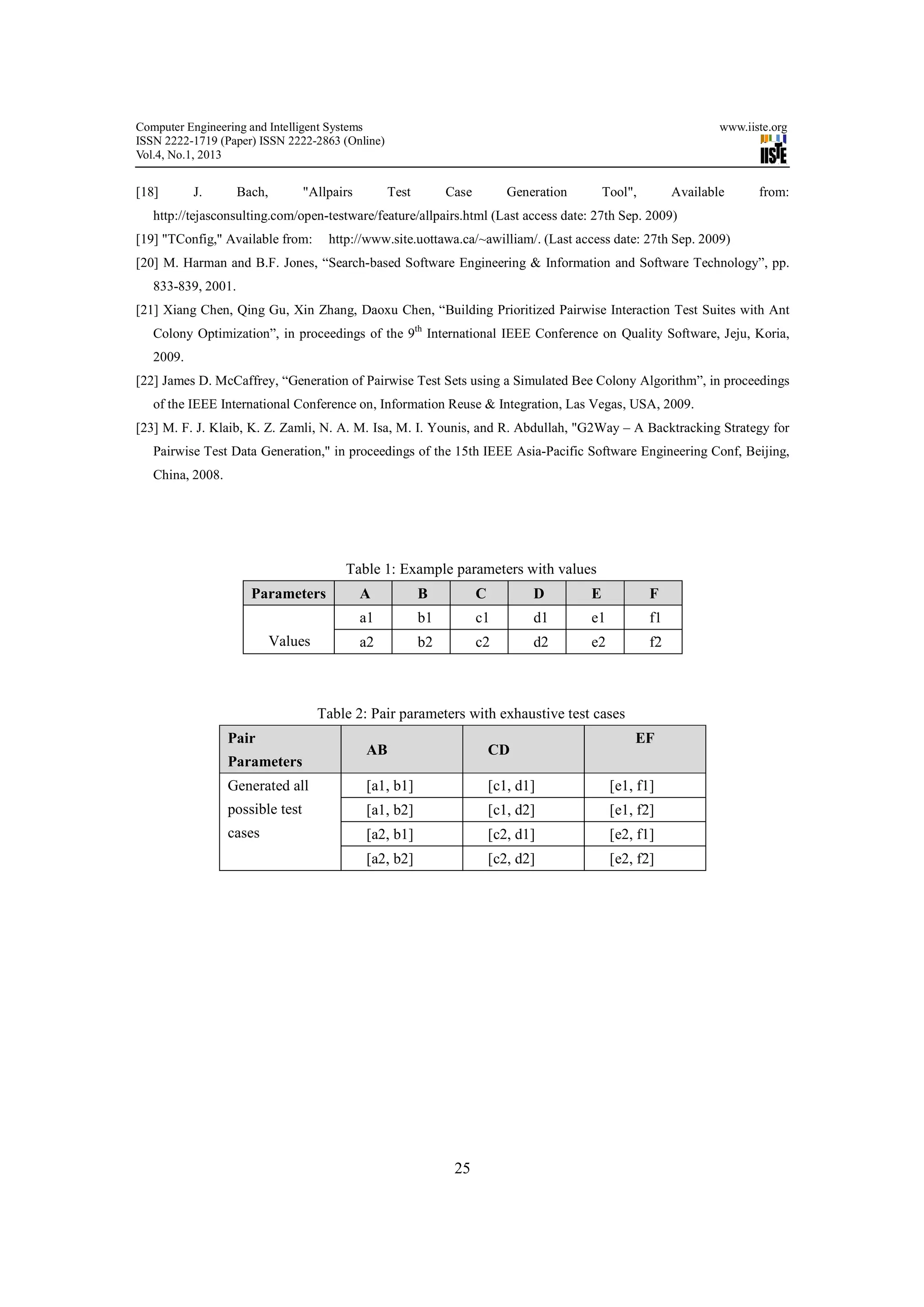 Computer Engineering and Intelligent Systems                                                                        www.iiste.org
ISSN 2222-1719 (Paper) ISSN 2222-2863 (Online)
Vol.4, No.1, 2013


[18]       J.       Bach,         "Allpairs        Test        Case          Generation       Tool",        Available      from:
   http://tejasconsulting.com/open-testware/feature/allpairs.html (Last access date: 27th Sep. 2009)
[19] "TConfig," Available from:       http://www.site.uottawa.ca/~awilliam/. (Last access date: 27th Sep. 2009)
[20] M. Harman and B.F. Jones, “Search-based Software Engineering & Information and Software Technology”, pp.
   833-839, 2001.
[21] Xiang Chen, Qing Gu, Xin Zhang, Daoxu Chen, “Building Prioritized Pairwise Interaction Test Suites with Ant
   Colony Optimization”, in proceedings of the 9th International IEEE Conference on Quality Software, Jeju, Koria,
   2009.
[22] James D. McCaffrey, “Generation of Pairwise Test Sets using a Simulated Bee Colony Algorithm”, in proceedings
   of the IEEE International Conference on, Information Reuse & Integration, Las Vegas, USA, 2009.
[23] M. F. J. Klaib, K. Z. Zamli, N. A. M. Isa, M. I. Younis, and R. Abdullah, "G2Way – A Backtracking Strategy for
   Pairwise Test Data Generation," in proceedings of the 15th IEEE Asia-Pacific Software Engineering Conf, Beijing,
   China, 2008.




                                         Table 1: Example parameters with values
                      Parameters              A           B           C          D        E            F
                                              a1          b1          c1         d1       e1           f1
                            Values            a2          b2          c2         d2       e2           f2



                                     Table 2: Pair parameters with exhaustive test cases
                  Pair                                                                             EF
                                              AB                          CD
                  Parameters
                  Generated all               [a1, b1]                    [c1, d1]             [e1, f1]
                  possible test               [a1, b2]                    [c1, d2]             [e1, f2]
                  cases                       [a2, b1]                    [c2, d1]             [e2, f1]
                                              [a2, b2]                    [c2, d2]             [e2, f2]




                                                                25
 
