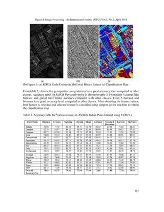 Signal & Image Processing : An International Journal (SIPIJ) Vol.5, No.2, April 2014
115
(a) (b) (c)
(b) Figure 6. (a) ROSIS Pavia University (b) Local Binary Pattern (c) Classification Map
From table 2, classes like grasspasture and grasstress have good accuracy level compared to other
classes. Accuracy table for ROSIS Pavia university is shown in table 3. From table 4 classes like
baresoil and gravel have better accuracy compared with other classes. From 5 baresoil and
bitumen have good accuracy level compared to other classes. After obtaining the feature values,
best feature is selected and selected feature is classified using support vector machine to obtain
the classification map
Table 2. Accuracy table for Various classes in AVIRIS Indian Pines Dataset using SVM(%)
 
