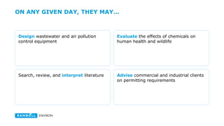 ON ANY GIVEN DAY, THEY MAY…
Conduct field sampling – soil,
groundwater, air, surface water, sediment
and/or biota to help evaluate the effects
of chemicals on human health and
wildlife
Organize, analyze and present data to
clients, regulators or community groups
Visit commercial and industrial
properties to assess compliance with
environmental and worker health and
safety regulations
Model chemical fate and transport in
environmental media
 