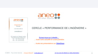 CERCLE « PERFORMANCE DE L’INGÉNIERIE »
23
Vincent HOLLEY
Manager
+33 6 69 03 89 33
vholley@aneo.fr
122, avenue du Général Leclerc
F-92100 Boulogne-Billancourt
Tél. : +33 1 46 44 24 66
Fax : +33 1 46 44 28 63
Suivez-nous sur LinkedIn…
… toute notre actualité en avant première
… toutes les présentations sur SlideShare
© ANEO – Tous droits réservés Je veux plus de détails sur cette présentation
- Vincent HOLLEY : vholley@aneo.fr
 